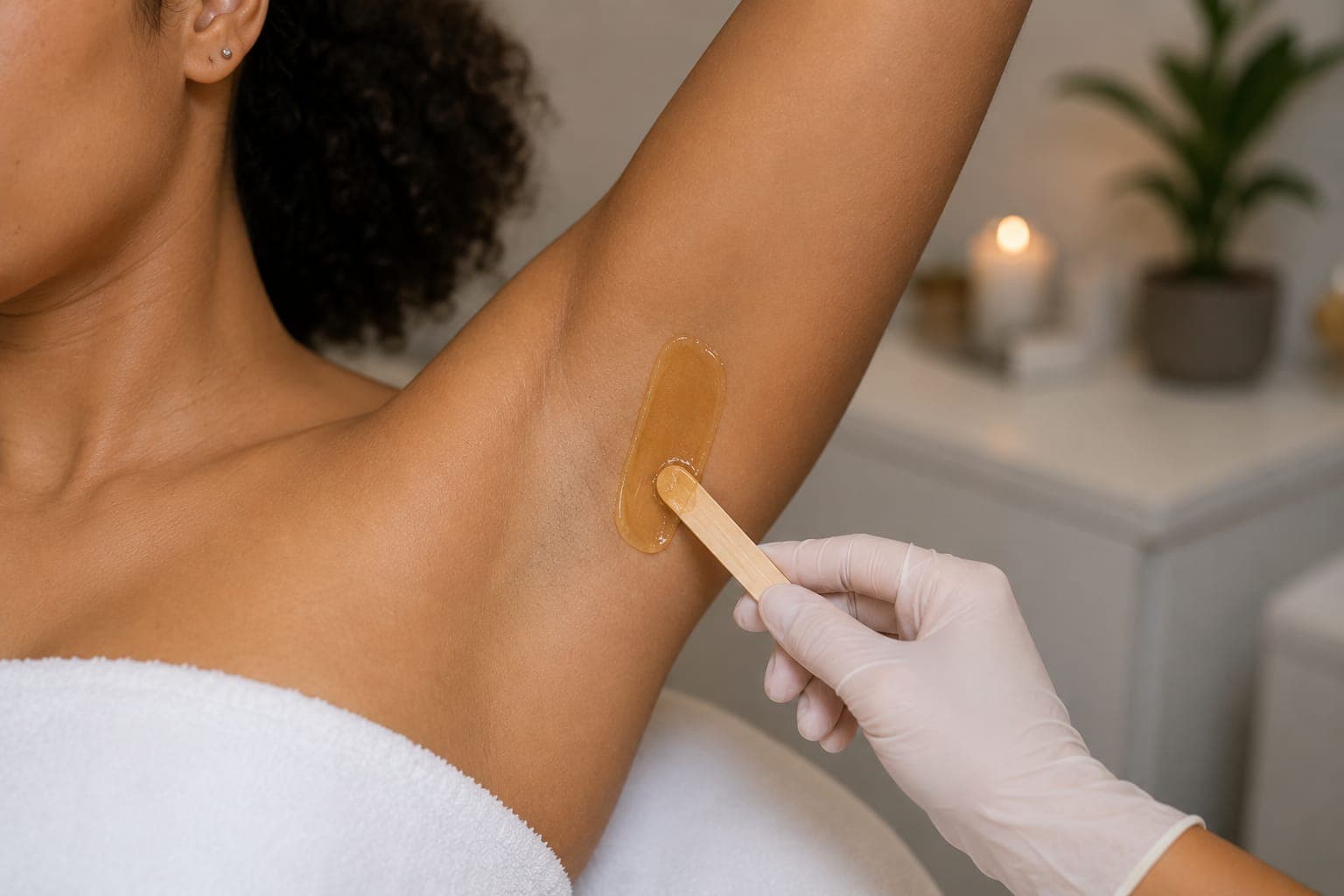 Close up of an underarm waxing treatment being applied with a wooden spatula in a styled studio setting